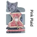 Breathable pink plaid cotton cat harness and leash set with cute cartoon cat badge - Small (Width 1.0cm) / Pink Plaid