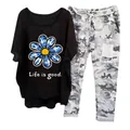 Stylish women's casual two-piece outfit featuring flower print T-shirt and camo pants - 3XL / Top And Bottom / Black (Element 51-Daisy Life is good)