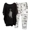 Casual women's two-piece set featuring black graphic top and camouflage joggers - 3XL / Top And Bottom / Black Dreamcatcher Feather Print (Element 8)