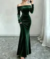 Elegant off-shoulder dark green velvet bodycon long dress for autumn and winter - S / Dresses / Dark Green