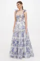 Detailed view of elegant blue floral organza tiered gown with tie bow shoulder straps - S / Dresses / Sky Blue