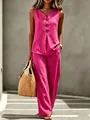 Summer fuchsia two-piece set featuring v-neck button vest and wide-leg pants. - S / Top And Bottom / Rose Red