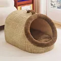 Panier pour chien en peluche kaki texturé semi-fermé pour petits animaux de compagnie - Taille S (Avec Couverture) / Café Chaud avec Couverture
