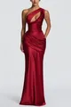 Elegant red satin one-shoulder evening dress with pleated waist and hollow-out detail - S / Dress (8247) / Red