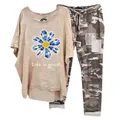 Two-piece women's casual lounge set featuring daisy print top and camouflage pants - 3XL / Top And Bottom / Apricot (Element 51-Daisy Life is good)