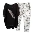 Two-piece women's casual set featuring a feather print T-shirt and camouflage trousers - 3XL / Top And Bottom / Black Feather Print (Element 6)