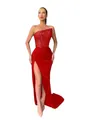 Elegantes rotes One-Shoulder-Abendkleid mit Pailletten-Oberteil und hohem Schlitz. - S / Kleider / Rot