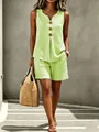 Set estivo due pezzi da donna con top senza maniche verde lime e pantaloncini abbinati. - Verde erba