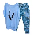 Women's casual two-piece set featuring light blue feather print t-shirt and camouflage pants - 3XL / Top And Bottom / Blue Feather and Bird Print (Element 10)