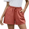 Pantalones cortos de lino color óxido para mujer con cintura elástica y bolsillos laterales. - XL / Bottoms / Rojo Ladrillo