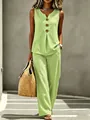 Women's sleeveless V-neck button top and wide-leg pants two-piece set in lime green. - S / Top And Bottom / Grass Green
