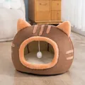 Cozy semi-enclosed cat head shaped plush pet bed in brown for autumn and winter - 35x35x30cm / Brown / S