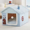 Gezellige blauwe huisvormige dierenmand met geruit dak en hangend speeltje. - Blauw Geblokt Huis / S (38x33x33cm)