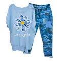 Women's casual blue two-piece set featuring a flower print t-shirt and camouflage pants - 3XL / Top And Bottom / Blue (Element 51-Daisy Life is good)