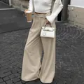 High-waisted khaki wide-leg trousers with elegant front pleats for women's office wear - S / Bottoms / Khaki