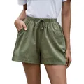 Pantalones cortos de verano en lino corte en A verde militar con cintura elástica y cordón - S / Bottoms / Verde Militar