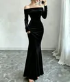 Elegant off-the-shoulder long sleeve black velvet maxi dress for autumn and winter. - S / Dresses / Black