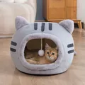 Cozy gray cat-shaped semi-enclosed warm plush pet bed with a playful hanging toy ball - 35x35x30cm / Gray / S