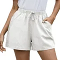 Pantalones cortos de lino tipo A para mujer con cintura alta y cordón en blanco roto. - S / Bottoms / Blanco