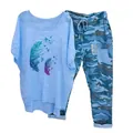 Stylish two-piece casual set for women with a blue feather print top and camo trousers. - 3XL / Top And Bottom / Blue Feather and Bird Print (Element 7)