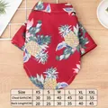 Red Hawaiian pet shirt featuring pineapple prints with a detailed size chart for small dogs - Red