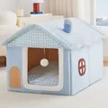 Blauw pluchen kattenhuis in de vorm van een huisje met ruitjesdak en kussen - Blauwe Geruite Huis + Kussen / S (38x33x33cm)