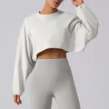 Women's cropped long sleeve sports sweatshirt in light grey for yoga and fitness - S / Tops / Silver