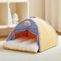Gezellige gele pluche tent voor huisdieren met blauw geblokte gordijnen en kussen - S / Geruit Gordijn Tentbed / Geel