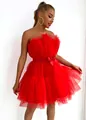 Detail of red strapless tulle mini dress featuring a bow knot belt and ruffles. - S / Dresses / Red