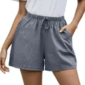 Pantalones cortos casuales de lino gris en línea A con cordón elástico para mujer - S / Bottoms / Gris