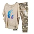 Women's two-piece casual set featuring a feather print t-shirt and camouflage pants. - 3XL / Top And Bottom / Apricot Feather and Bird Print (Element 7)
