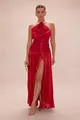 Elegantes rotes metallisches Plisseekleid mit Neckholder und gewagtem hohem Beinschlitz - XS / Kleid (8155) / Rot
