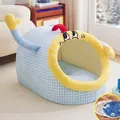 Cuccia per cani invernale chiusa a quadretti blu con design a fumetti in peluche - Taglia S (Con Coperta Elettrica) / Plaid Blu Cartoon + Coperta Elettrica