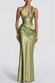 Elegant olive green satin one-shoulder dress with pleated waist and cutout detail - S / Dress (8247) / Green