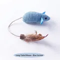 Blue corduroy mouse cat toy featuring a long rope tail and natural brown feather accent - Plush Mouse / Blue