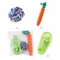 Detail view of 3-pack cotton rope dog chew toys including ball, carrot, and slipper - Three-Piece Set / Knot Single Ear Ball + Cotton Ball + Slipper