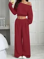 Detailed view of burgundy off-shoulder long sleeve crop top and wide-leg pants set - S / Top And Bottom / Burgundy