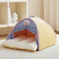Gezellige geel-blauw geblokte tentmand voor katten en kleine honden met zachte pluchen mat - S / Geruit Gordijn Tentbed + Dekens / Geel