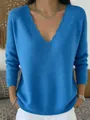 Detail view of the elegant scalloped V-neckline on this soft blue knitted sweater. - S / Tops / Sapphire Blue