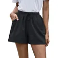 Pantalones cortos casuales de lino negro tipo línea A con cordón y bolsillos para verano - S / Bottoms / Negro