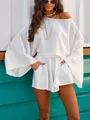 Elegant white women's two-piece set with loose long sleeve top and matching shorts - S / Tops / White