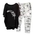 Stylish women's casual two-piece outfit with feather print top and camo trousers. - 3XL / Top And Bottom (134105 Element 5) / Black