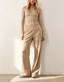 Set da casa beige due pezzi da donna con giacca con cappuccio e pantaloni larghi. - Kaki