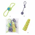 Detailed view of a 3-piece multi-colored cotton rope dog chew toy set in clear packaging - Hand-Held Ball And Double-Ear Ball And Corn / 3-Pack