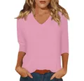 Women's stylish casual V-neck solid pink T-shirt with soft and comfortable 3/4 sleeves - Pink