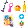 Detail view showing a 6-piece colorful pet toy set including rope knot and squeaky toys. - Value Toy Set