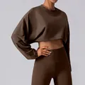 Women's dark brown cropped long sleeve sweatshirt loose fit for yoga and fitness - S / Tops / Brown