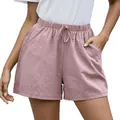 Pantalones cortos casuales de lino rosa para mujer con cintura elástica de cordón - S / Bottoms / Rosa
