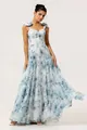 Elegant long floral organza off-shoulder evening dress featuring tiered skirt for women - S / Dresses / Green