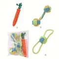 Detail view of a durable 3-piece cotton rope dog chew toy set for teething and play - Carrot And Double-Ear Ball And Dumbbell / 3-Pack